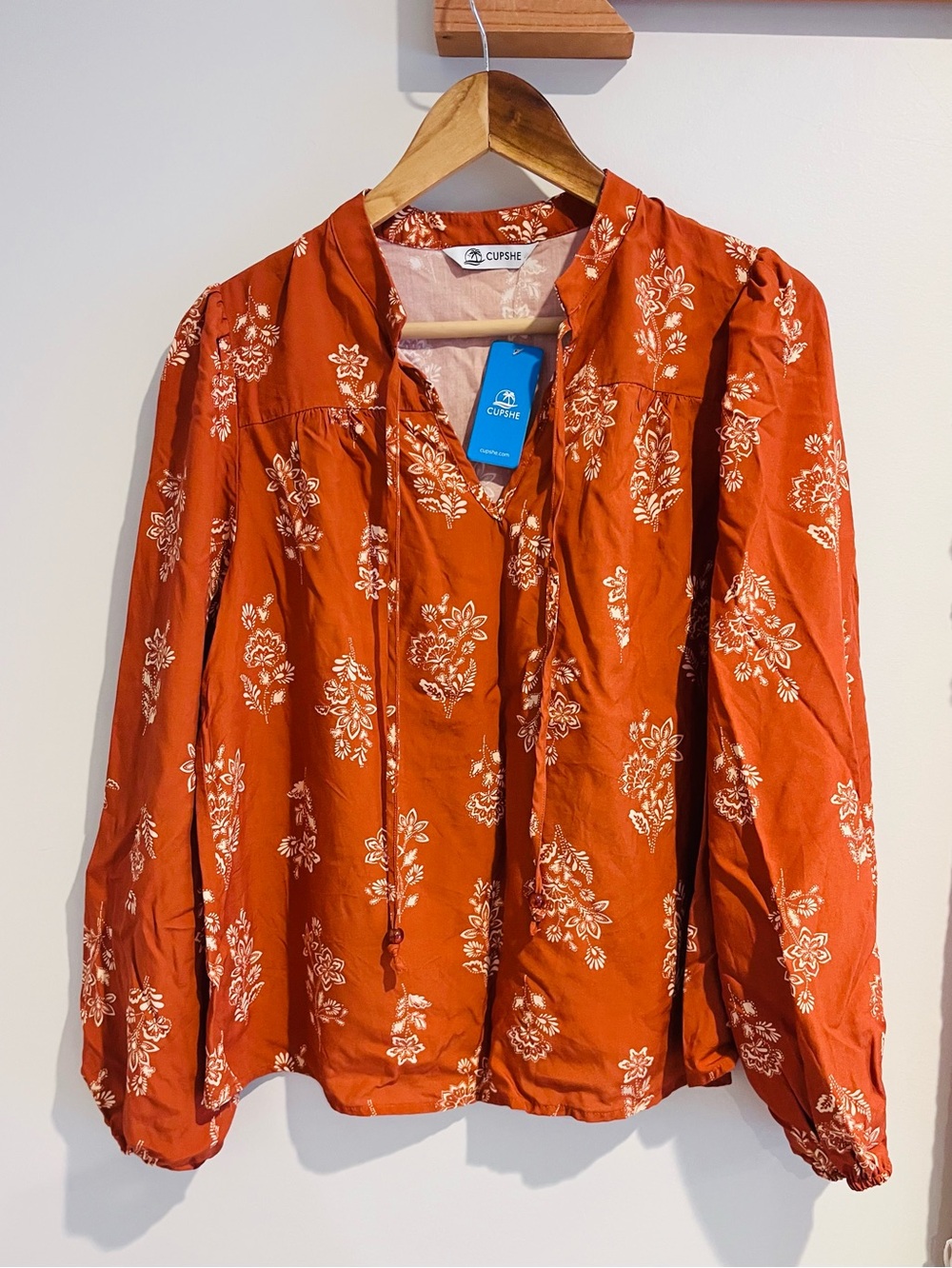 Cupshe Long Sleeve Top Blouse SMALL Rust Beige Floral Print Tunic Popover Boho